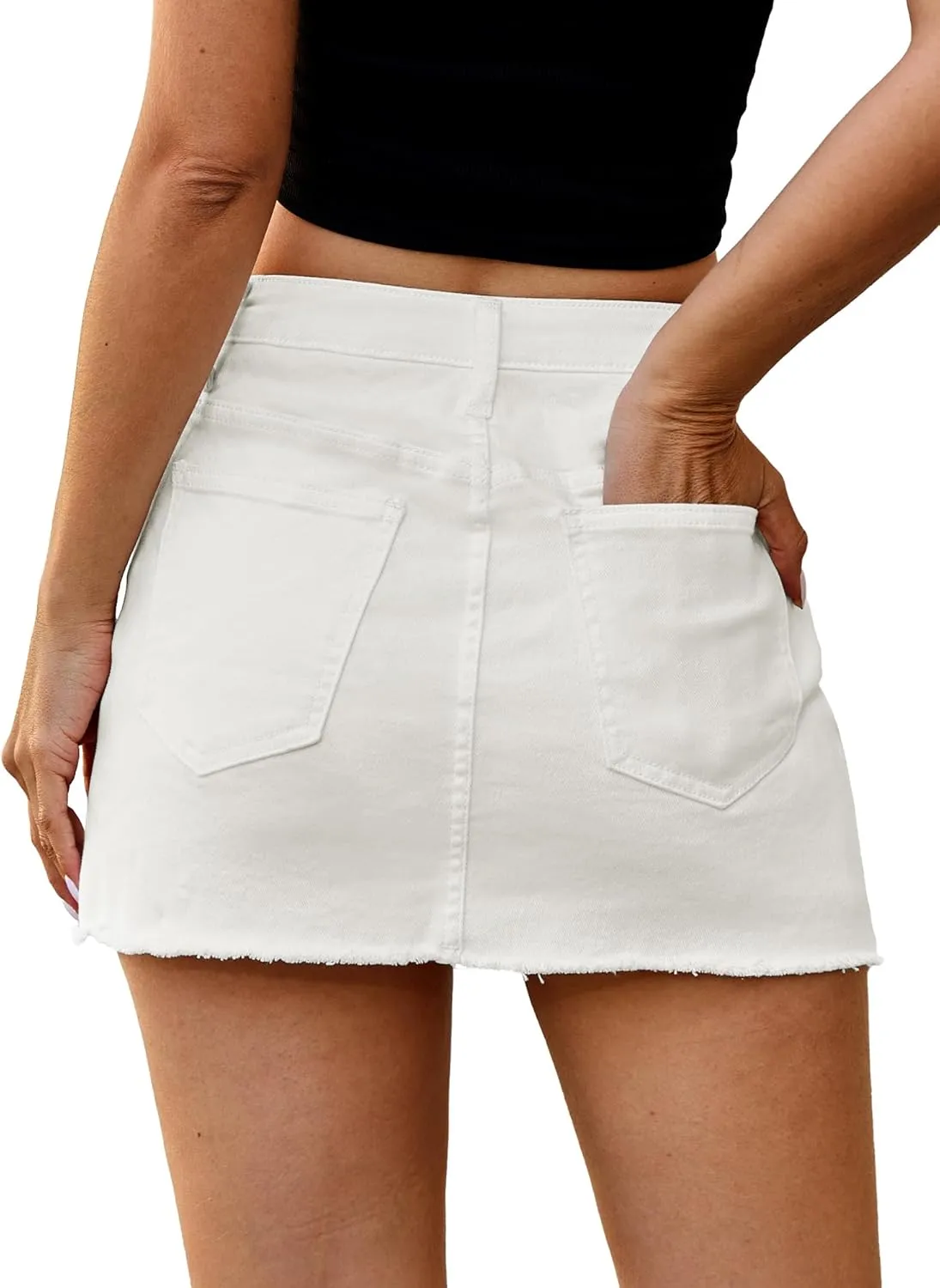 ELLEVEN Denim Skirt with Shorts Mini Skort - Casual Jean Skirts with Raw Hem & Pockets