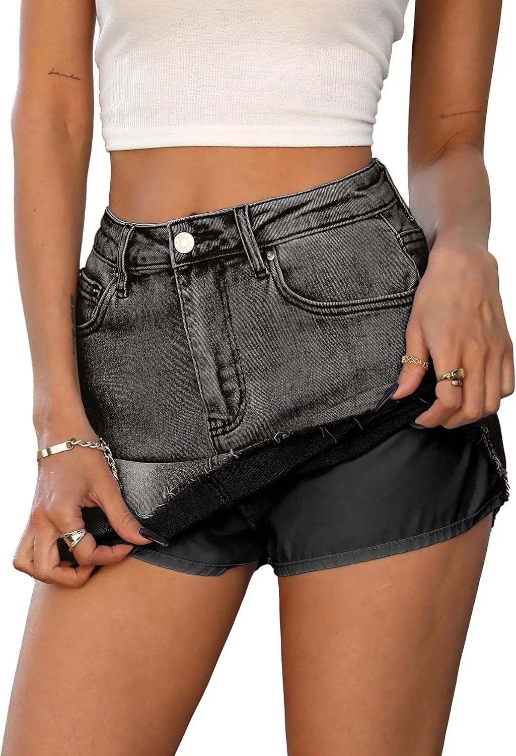 ELLEVEN Denim Skirt with Shorts Mini Skort - Casual Jean Skirts with Raw Hem & Pockets