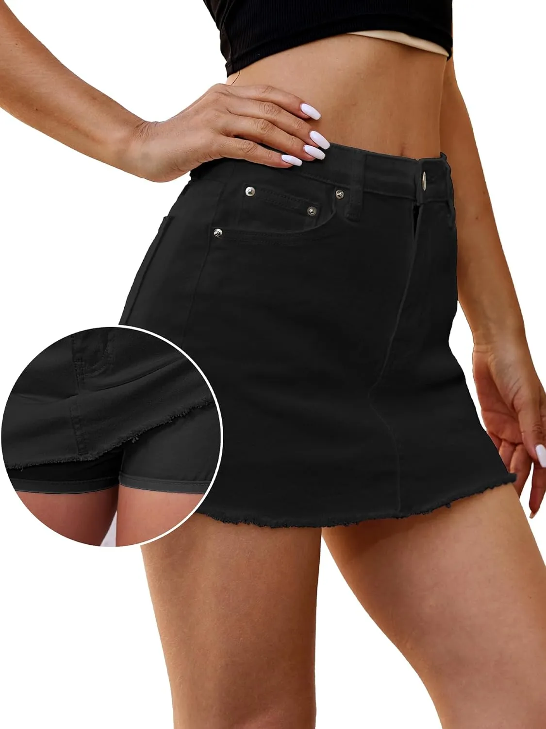 ELLEVEN Denim Skirt with Shorts Mini Skort - Casual Jean Skirts with Raw Hem & Pockets