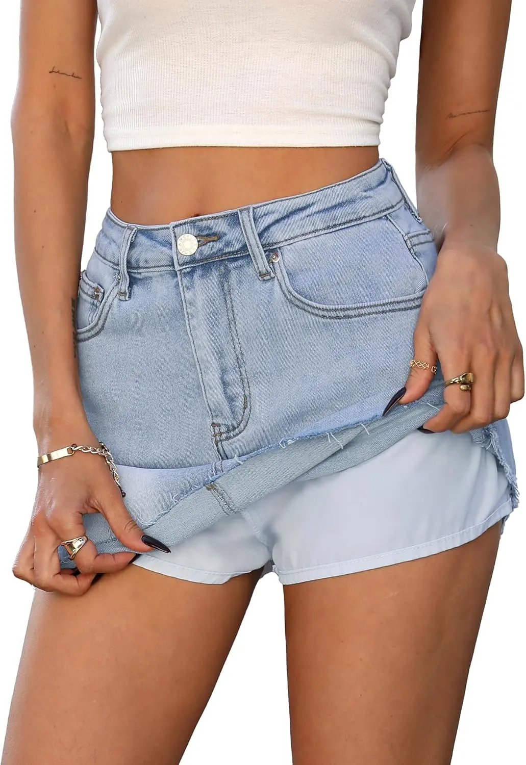 ELLEVEN Denim Skirt with Shorts Mini Skort - Casual Jean Skirts with Raw Hem & Pockets
