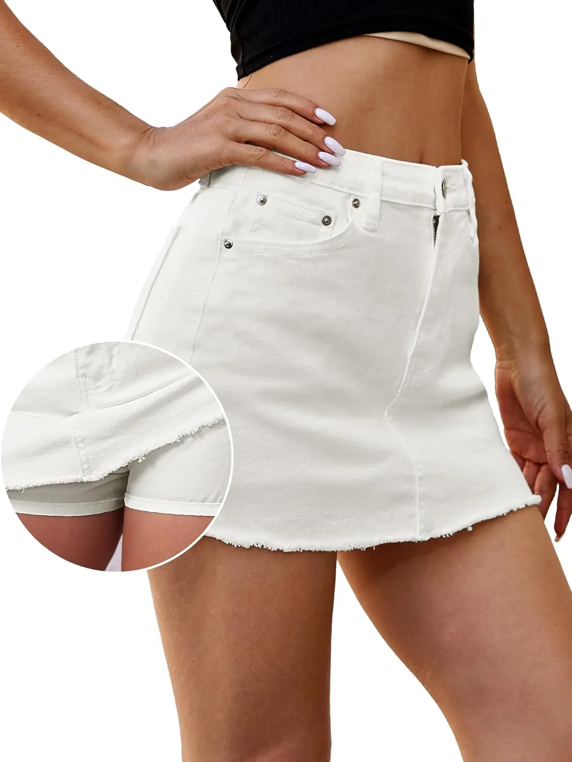 ELLEVEN Denim Skirt with Shorts Mini Skort - Casual Jean Skirts with Raw Hem & Pockets