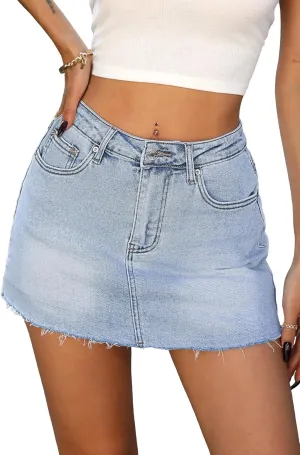 ELLEVEN Denim Skirt with Shorts Mini Skort - Casual Jean Skirts with Raw Hem & Pockets