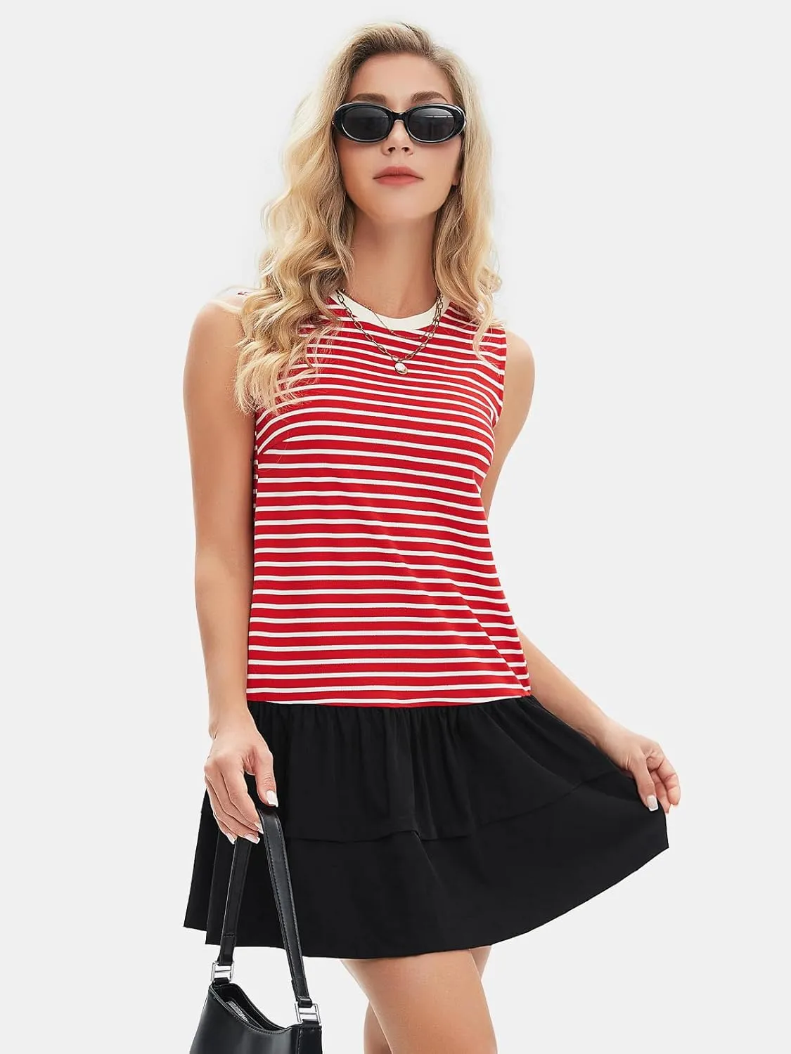 EXLURA Women's Summer Sleeveless Sundress 2025 Casual Striped Patchwork Mini Tank Dress with Pockets