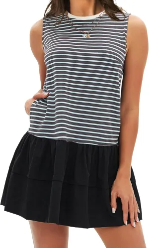 EXLURA Women's Summer Sleeveless Sundress 2025 Casual Striped Patchwork Mini Tank Dress with Pockets