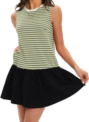 EXLURA Women's Summer Sleeveless Sundress 2025 Casual Striped Patchwork Mini Tank Dress with Pockets