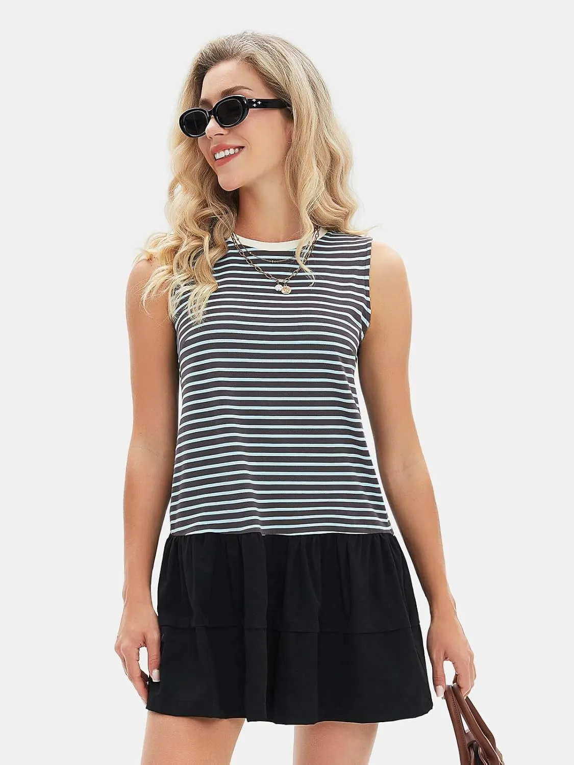 EXLURA Women's Summer Sleeveless Sundress 2025 Casual Striped Patchwork Mini Tank Dress with Pockets