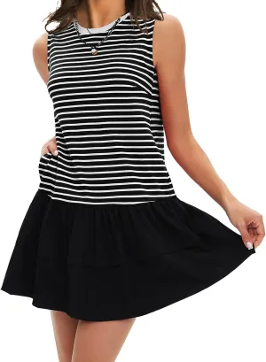 EXLURA Women's Summer Sleeveless Sundress 2025 Casual Striped Patchwork Mini Tank Dress with Pockets