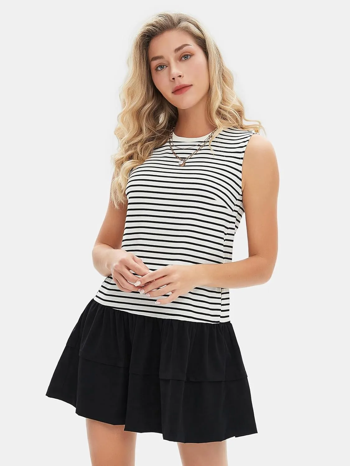 EXLURA Women's Summer Sleeveless Sundress 2025 Casual Striped Patchwork Mini Tank Dress with Pockets