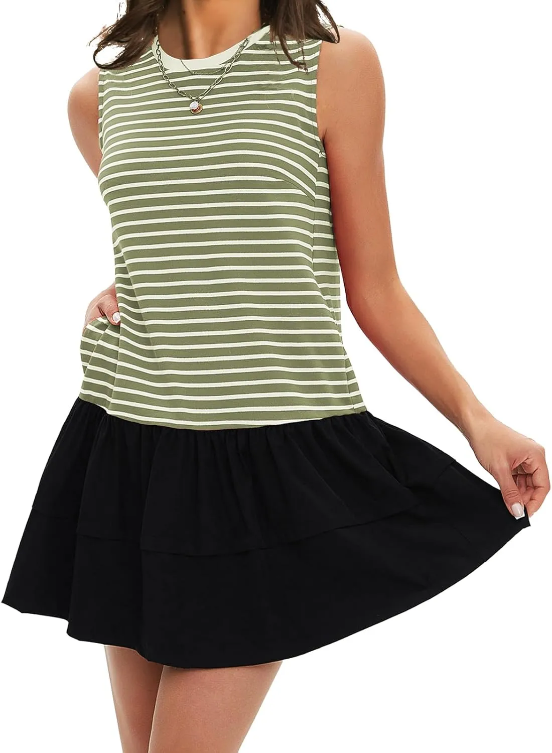 EXLURA Women's Summer Sleeveless Sundress 2025 Casual Striped Patchwork Mini Tank Dress with Pockets