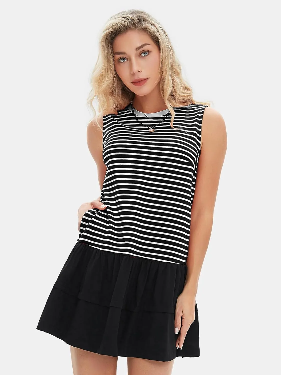 EXLURA Women's Summer Sleeveless Sundress 2025 Casual Striped Patchwork Mini Tank Dress with Pockets