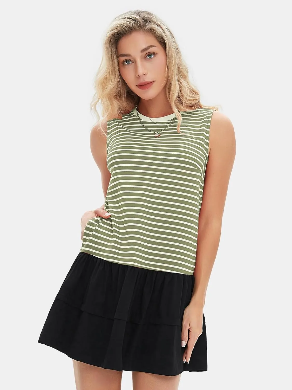 EXLURA Women's Summer Sleeveless Sundress 2025 Casual Striped Patchwork Mini Tank Dress with Pockets