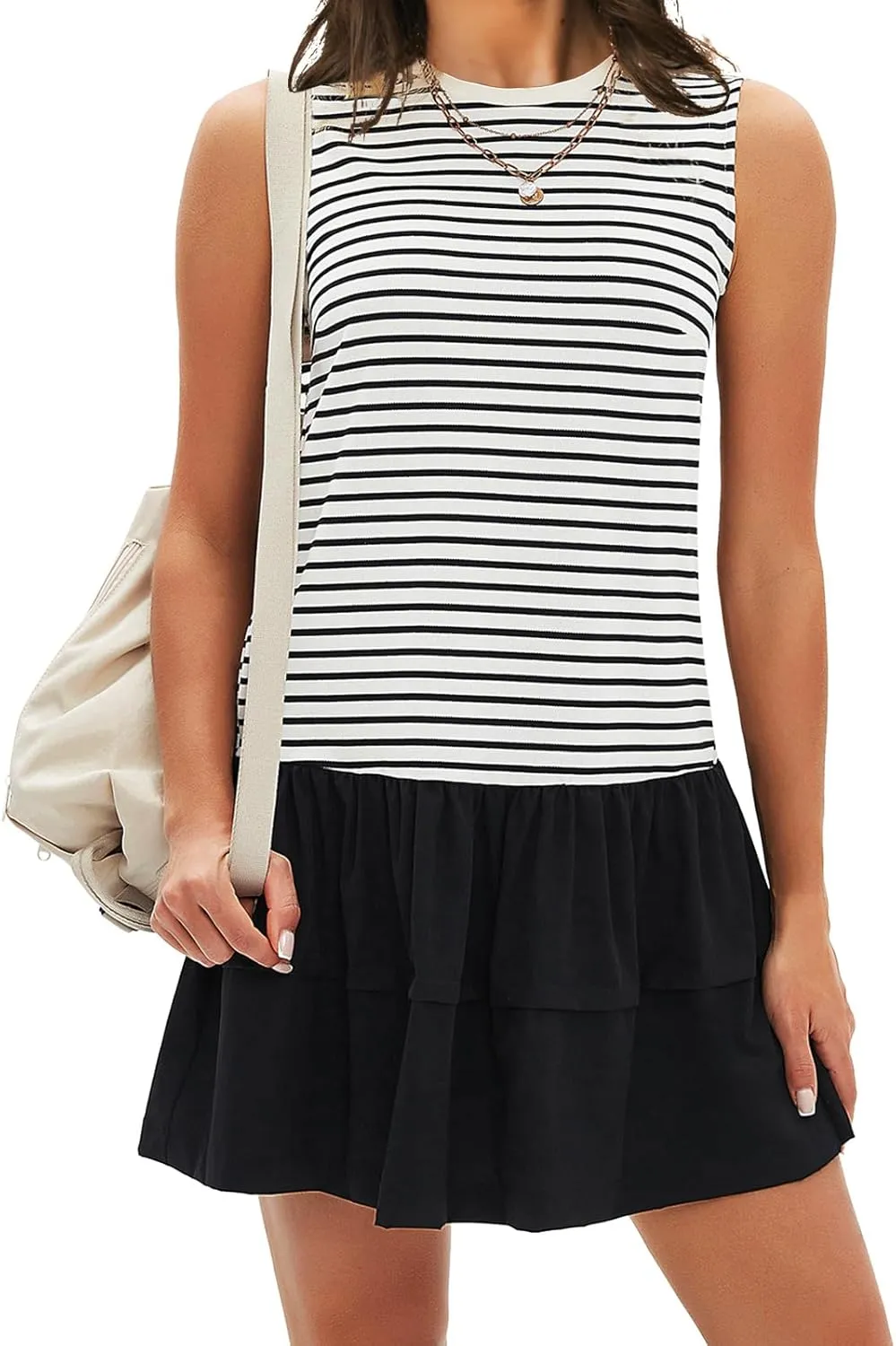 EXLURA Women's Summer Sleeveless Sundress 2025 Casual Striped Patchwork Mini Tank Dress with Pockets
