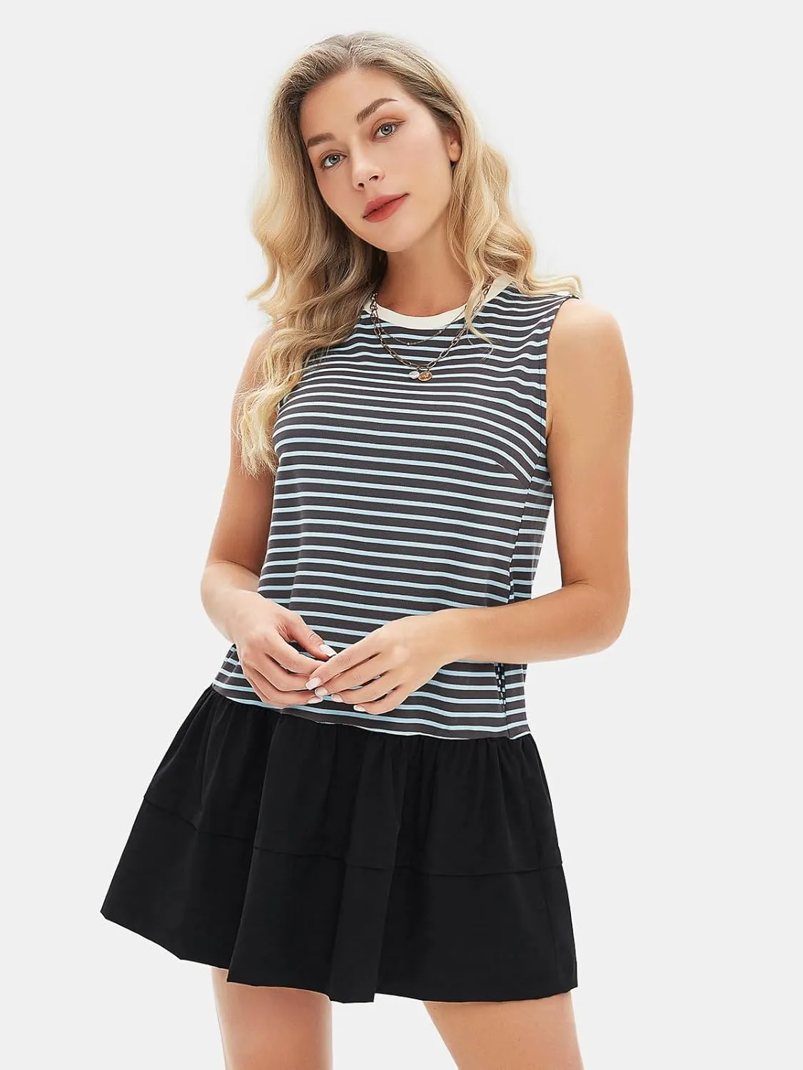 EXLURA Women's Summer Sleeveless Sundress 2025 Casual Striped Patchwork Mini Tank Dress with Pockets