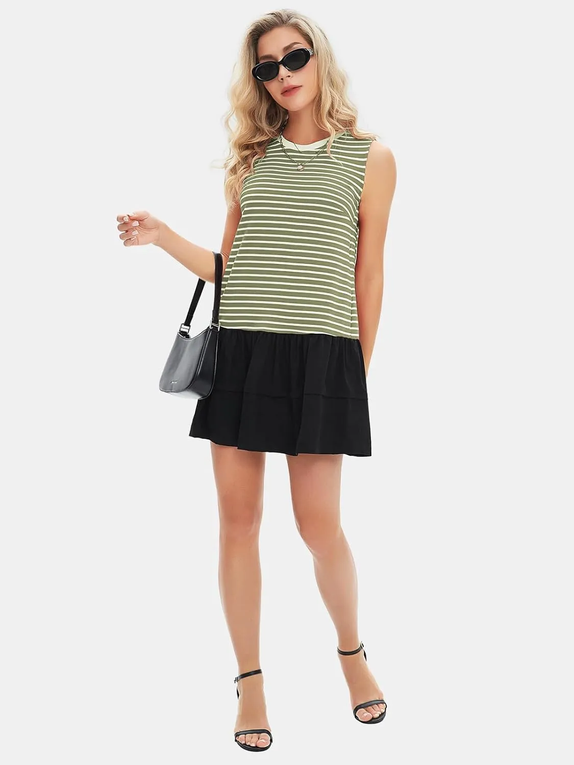 EXLURA Women's Summer Sleeveless Sundress 2025 Casual Striped Patchwork Mini Tank Dress with Pockets