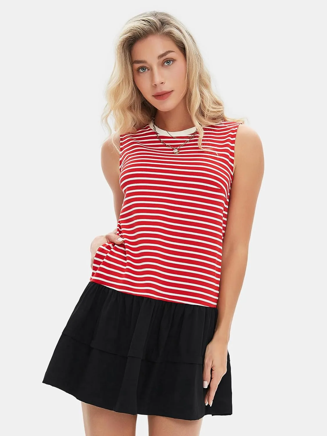 EXLURA Women's Summer Sleeveless Sundress 2025 Casual Striped Patchwork Mini Tank Dress with Pockets