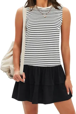 EXLURA Women's Summer Sleeveless Sundress 2025 Casual Striped Patchwork Mini Tank Dress with Pockets