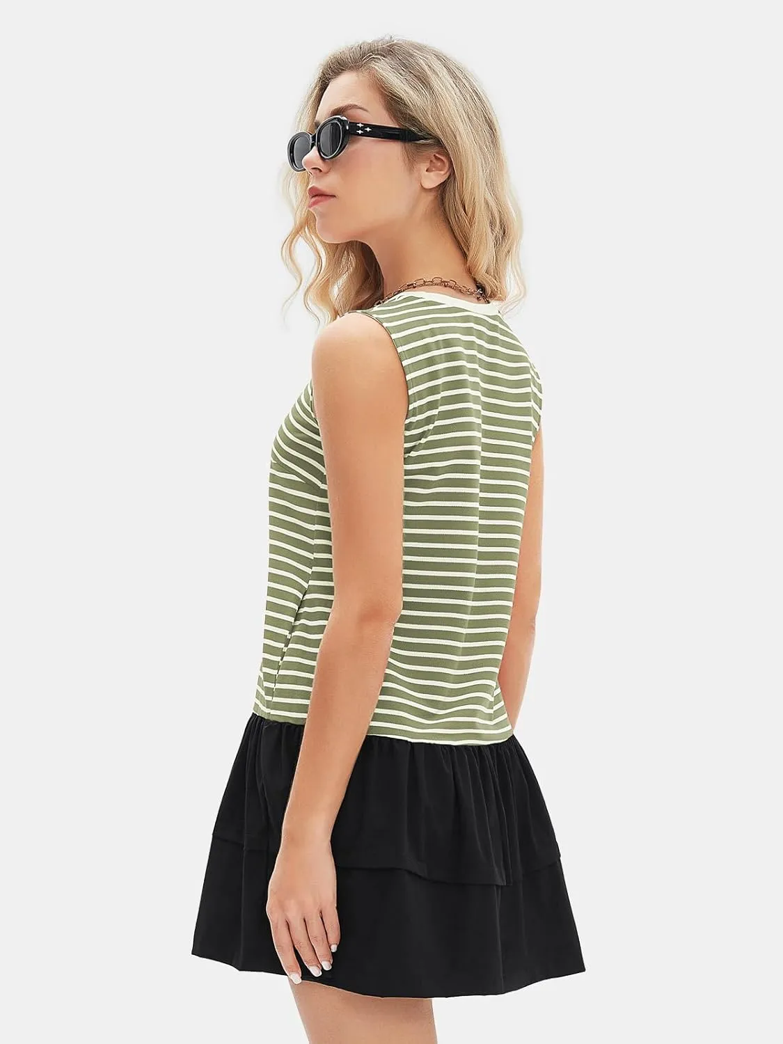 EXLURA Women's Summer Sleeveless Sundress 2025 Casual Striped Patchwork Mini Tank Dress with Pockets