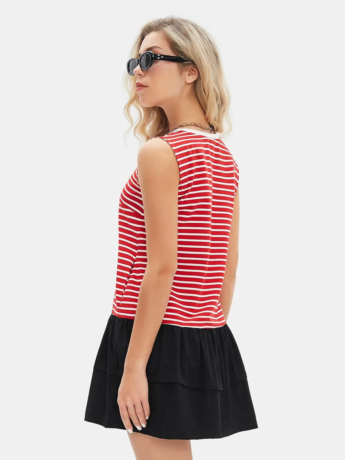 EXLURA Women's Summer Sleeveless Sundress 2025 Casual Striped Patchwork Mini Tank Dress with Pockets