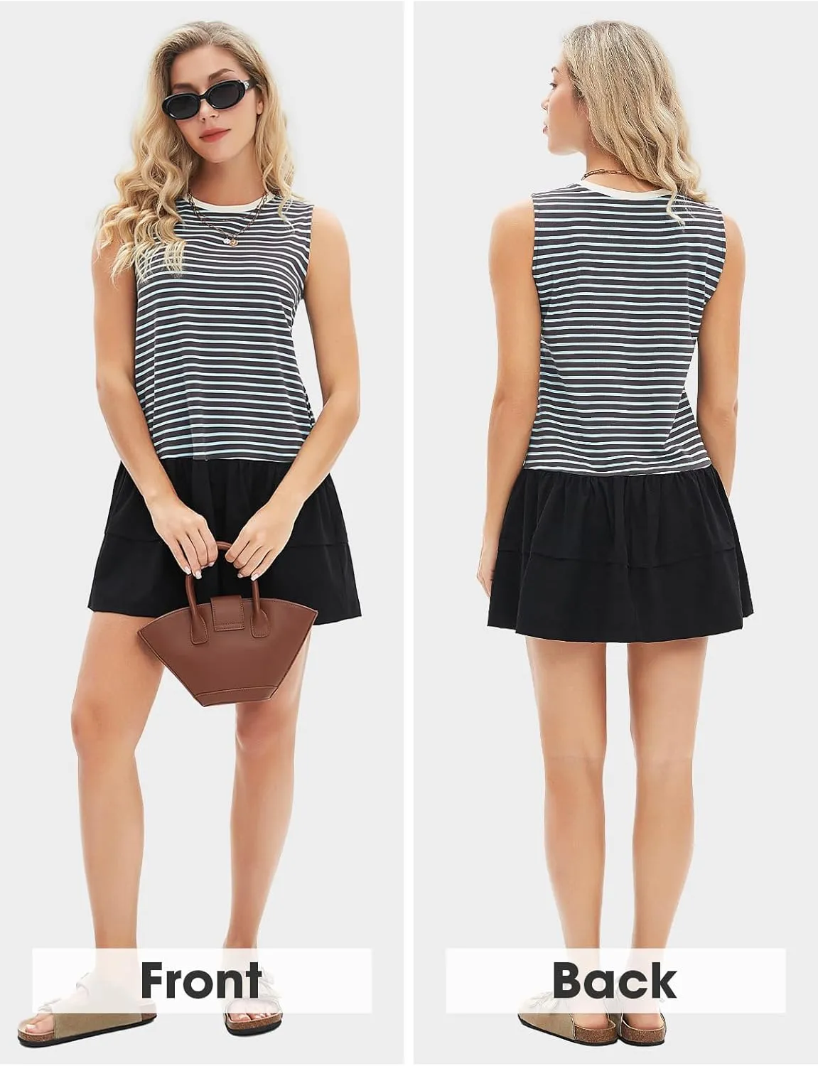 EXLURA Women's Summer Sleeveless Sundress 2025 Casual Striped Patchwork Mini Tank Dress with Pockets