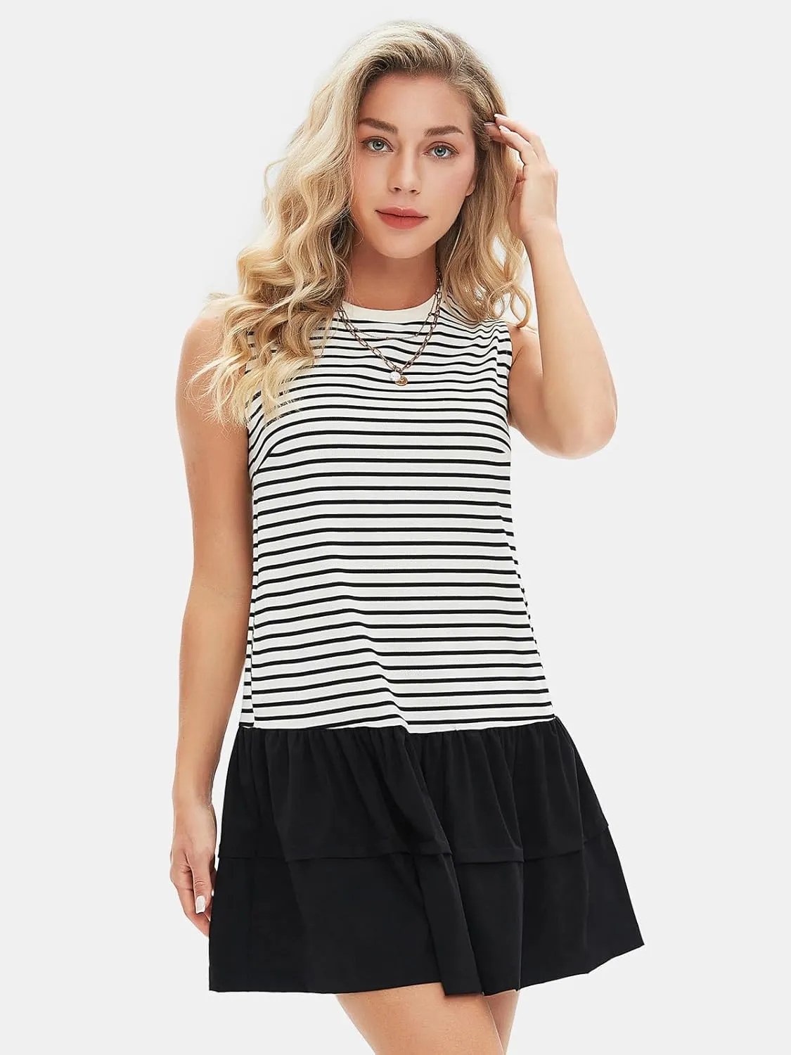 EXLURA Women's Summer Sleeveless Sundress 2025 Casual Striped Patchwork Mini Tank Dress with Pockets