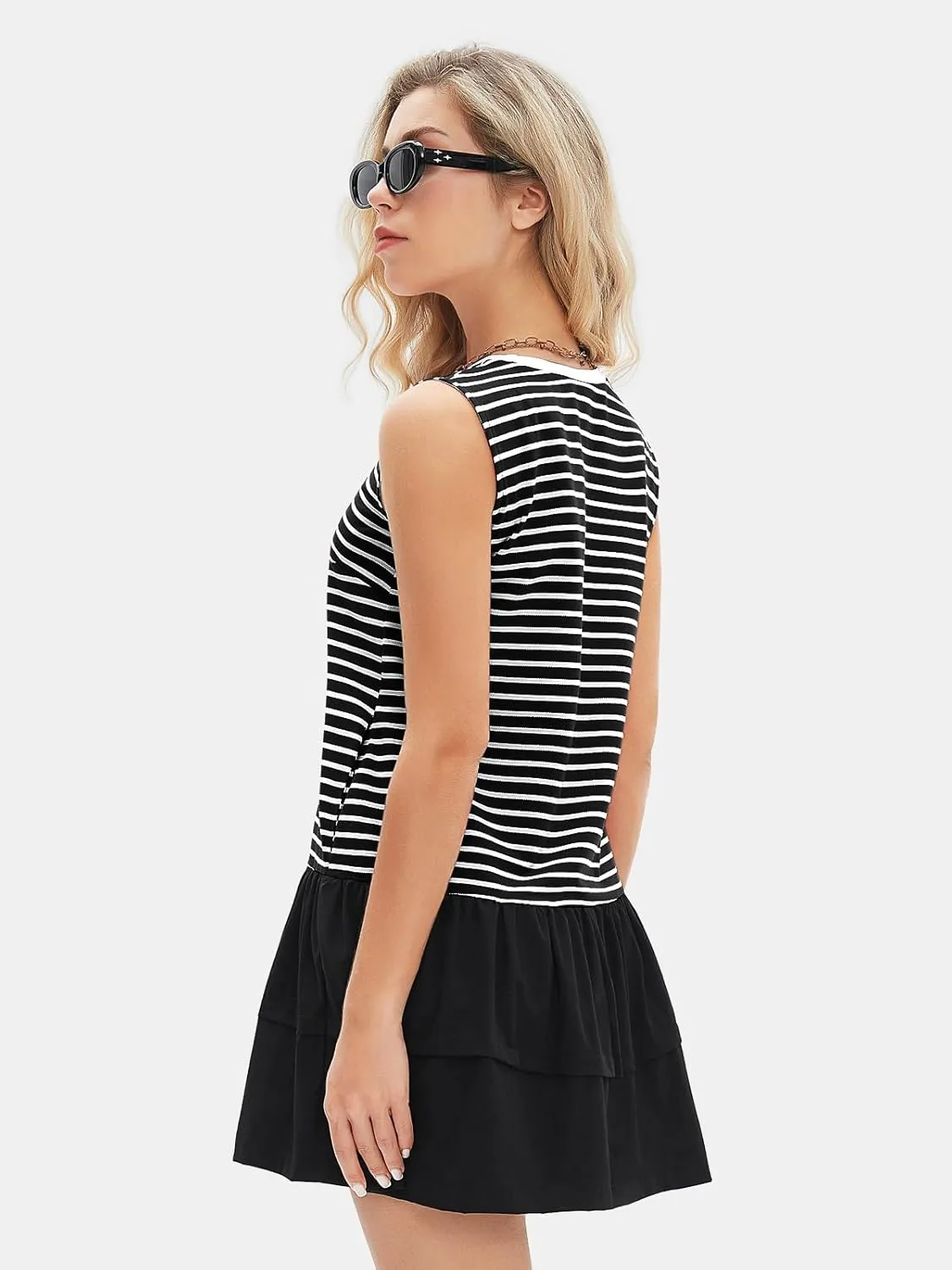 EXLURA Women's Summer Sleeveless Sundress 2025 Casual Striped Patchwork Mini Tank Dress with Pockets