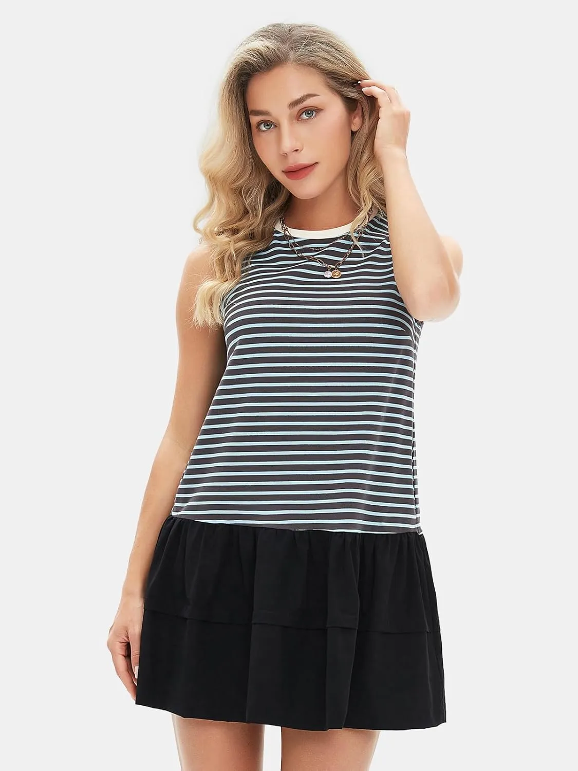 EXLURA Women's Summer Sleeveless Sundress 2025 Casual Striped Patchwork Mini Tank Dress with Pockets