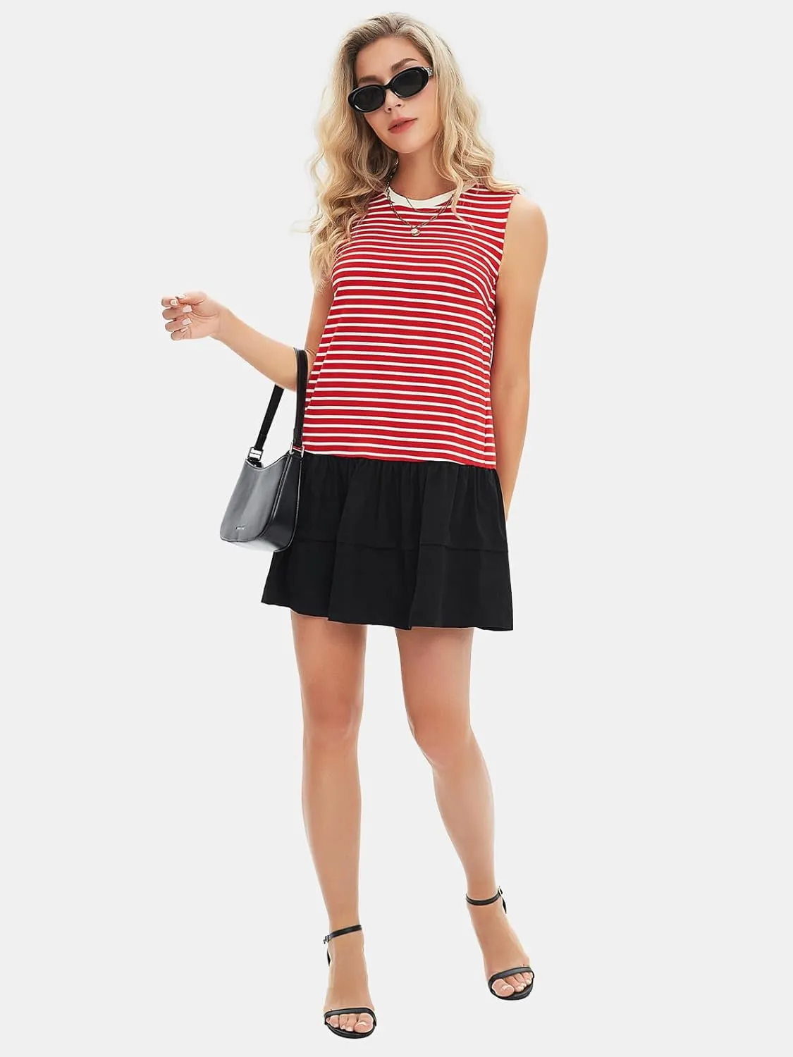 EXLURA Women's Summer Sleeveless Sundress 2025 Casual Striped Patchwork Mini Tank Dress with Pockets