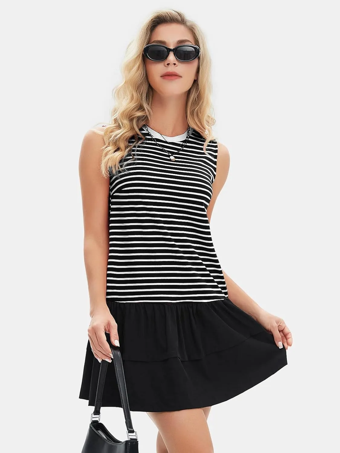 EXLURA Women's Summer Sleeveless Sundress 2025 Casual Striped Patchwork Mini Tank Dress with Pockets