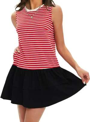 EXLURA Women's Summer Sleeveless Sundress 2025 Casual Striped Patchwork Mini Tank Dress with Pockets