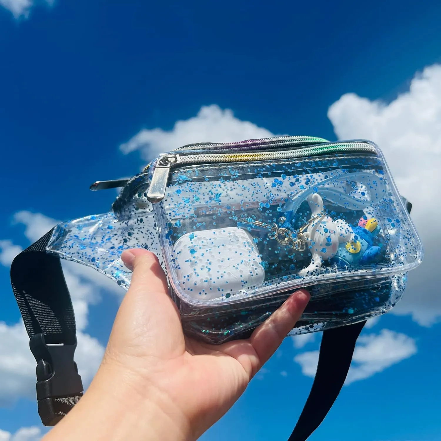 Festival Rave 80S 90S Holographic Dreamy Blue Green Clear Fanny Pack for Women Girls Concert Stadium Approved Waist Belt Bum Bags - Dreamy Blue Green Transparent