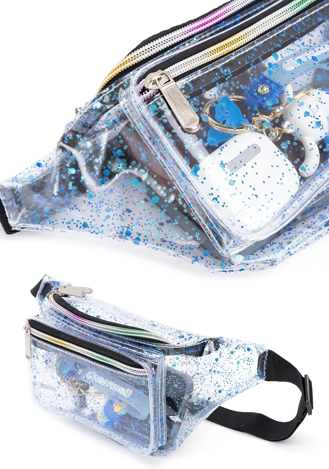 Festival Rave 80S 90S Holographic Dreamy Blue Green Clear Fanny Pack for Women Girls Concert Stadium Approved Waist Belt Bum Bags - Dreamy Blue Green Transparent