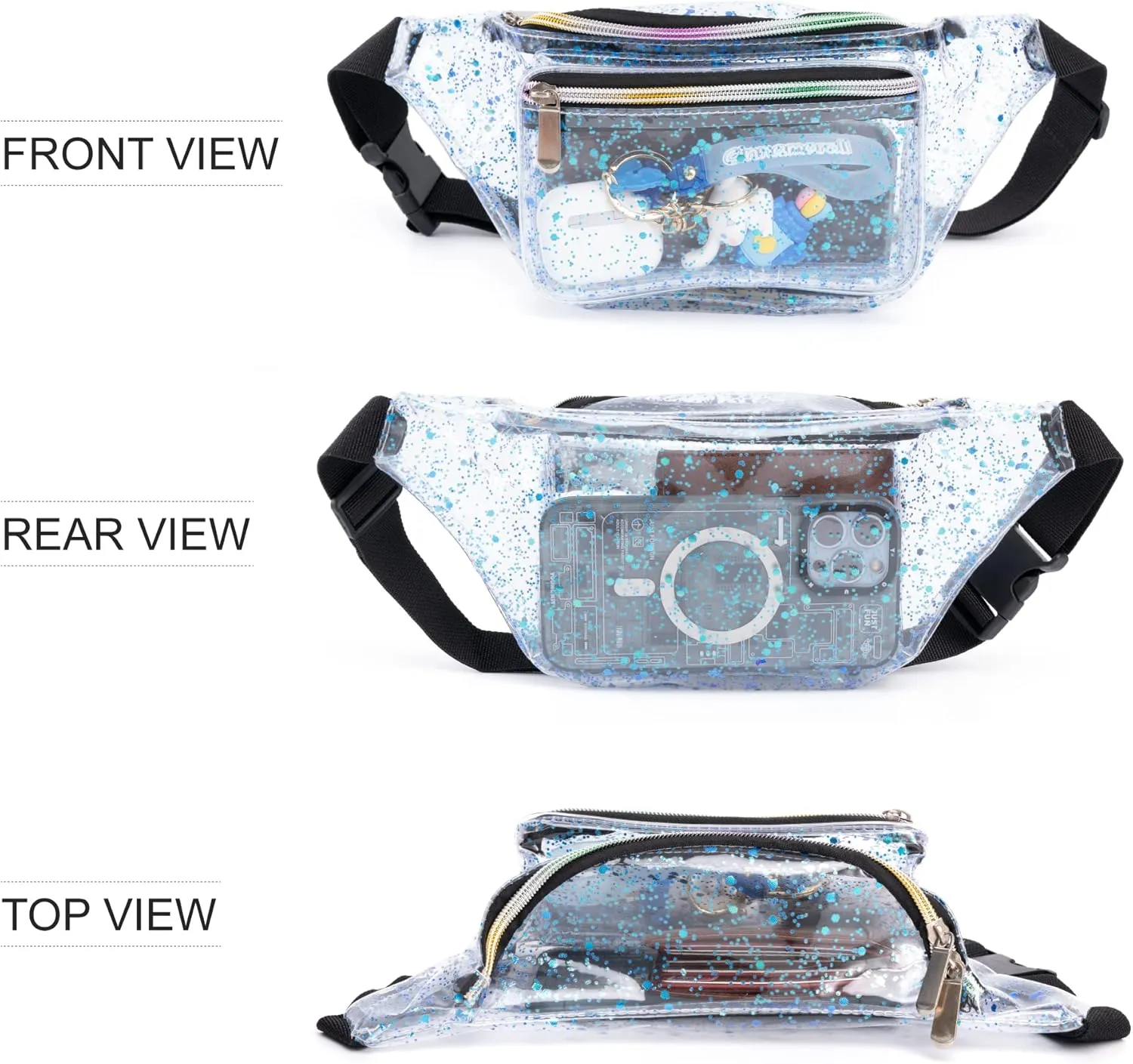 Festival Rave 80S 90S Holographic Dreamy Blue Green Clear Fanny Pack for Women Girls Concert Stadium Approved Waist Belt Bum Bags - Dreamy Blue Green Transparent