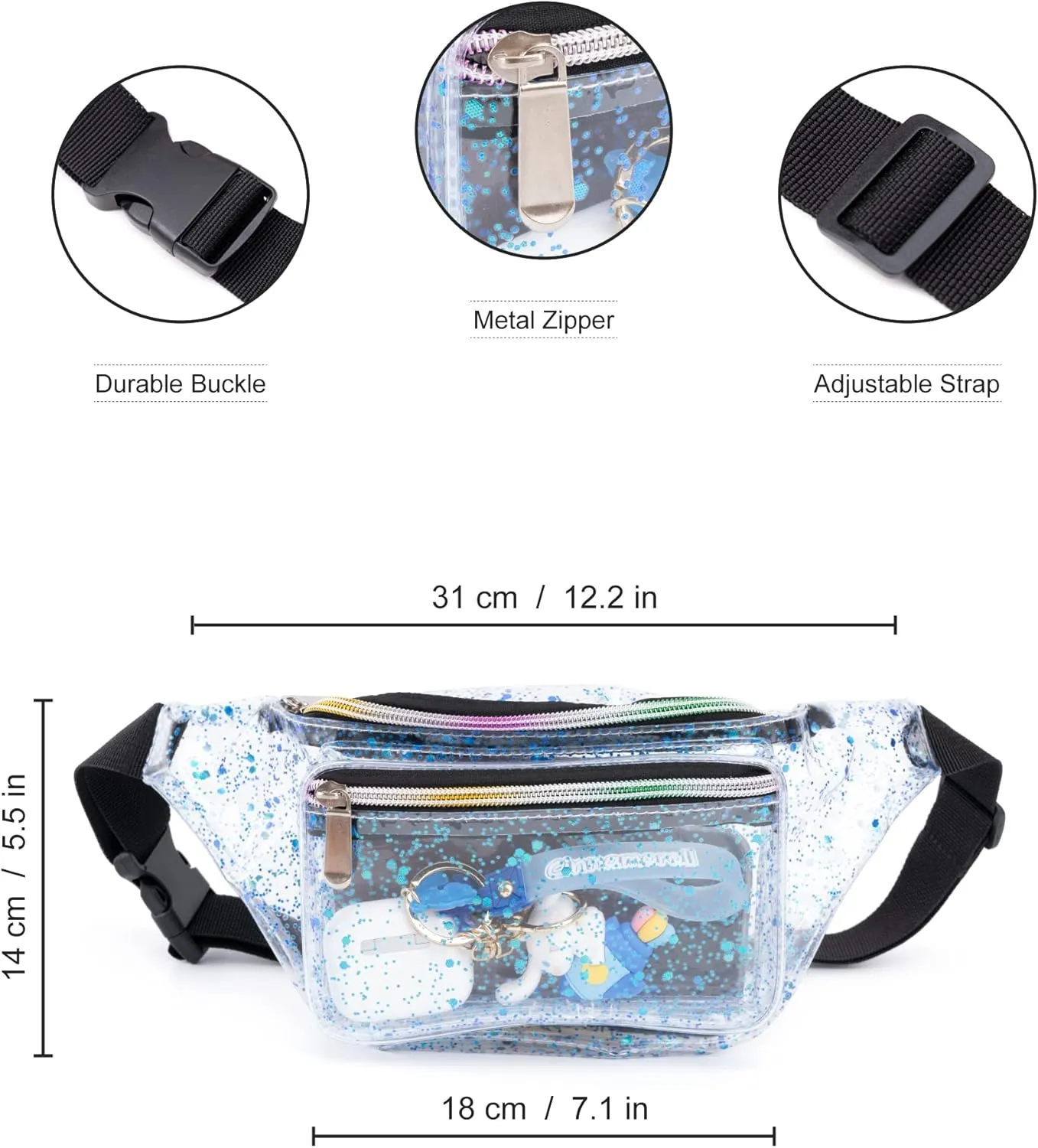 Festival Rave 80S 90S Holographic Dreamy Blue Green Clear Fanny Pack for Women Girls Concert Stadium Approved Waist Belt Bum Bags - Dreamy Blue Green Transparent