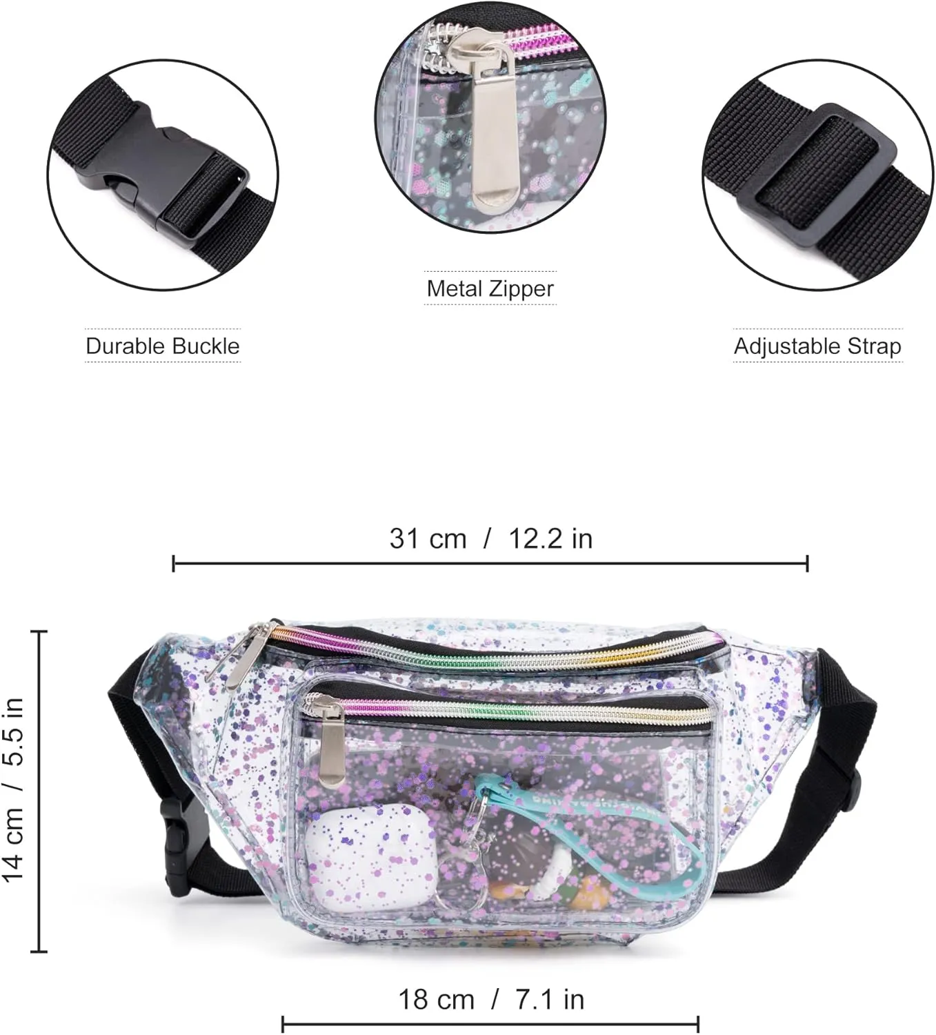 Festival Rave 80S 90S Holographic Dreamy Purple Blue Clear Fanny Pack for Women Girls Concert Stadium Approved Waist Belt Bum Bags - Dreamy Purple Blue Transparent