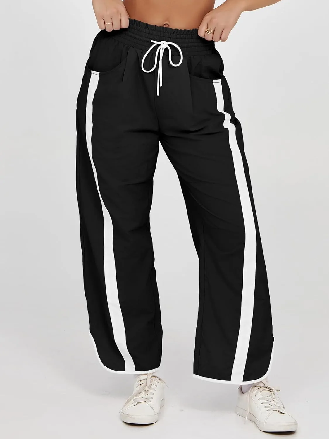 Fisoew Women's Baggy Wide Leg Pants Casual Drawstring Elastic Waisted Contrast Color Workout Y2K Track Pants