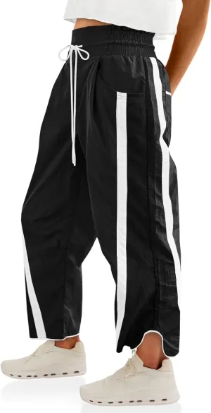 Fisoew Women's Baggy Wide Leg Pants Casual Drawstring Elastic Waisted Contrast Color Workout Y2K Track Pants