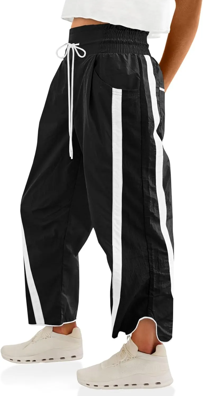 Fisoew Women's Baggy Wide Leg Pants Casual Drawstring Elastic Waisted Contrast Color Workout Y2K Track Pants