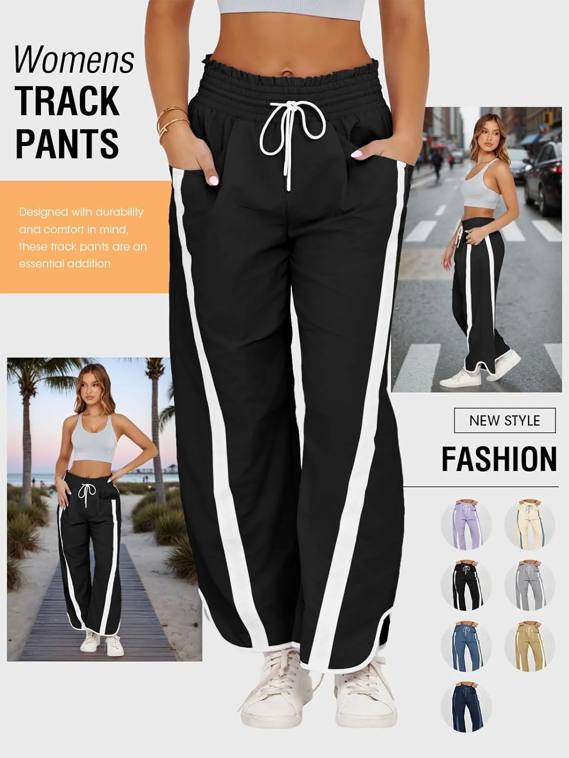 Fisoew Women's Baggy Wide Leg Pants Casual Drawstring Elastic Waisted Contrast Color Workout Y2K Track Pants