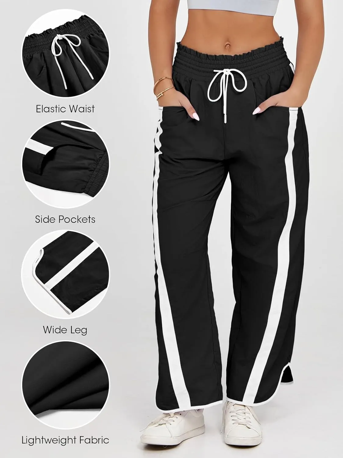 Fisoew Women's Baggy Wide Leg Pants Casual Drawstring Elastic Waisted Contrast Color Workout Y2K Track Pants