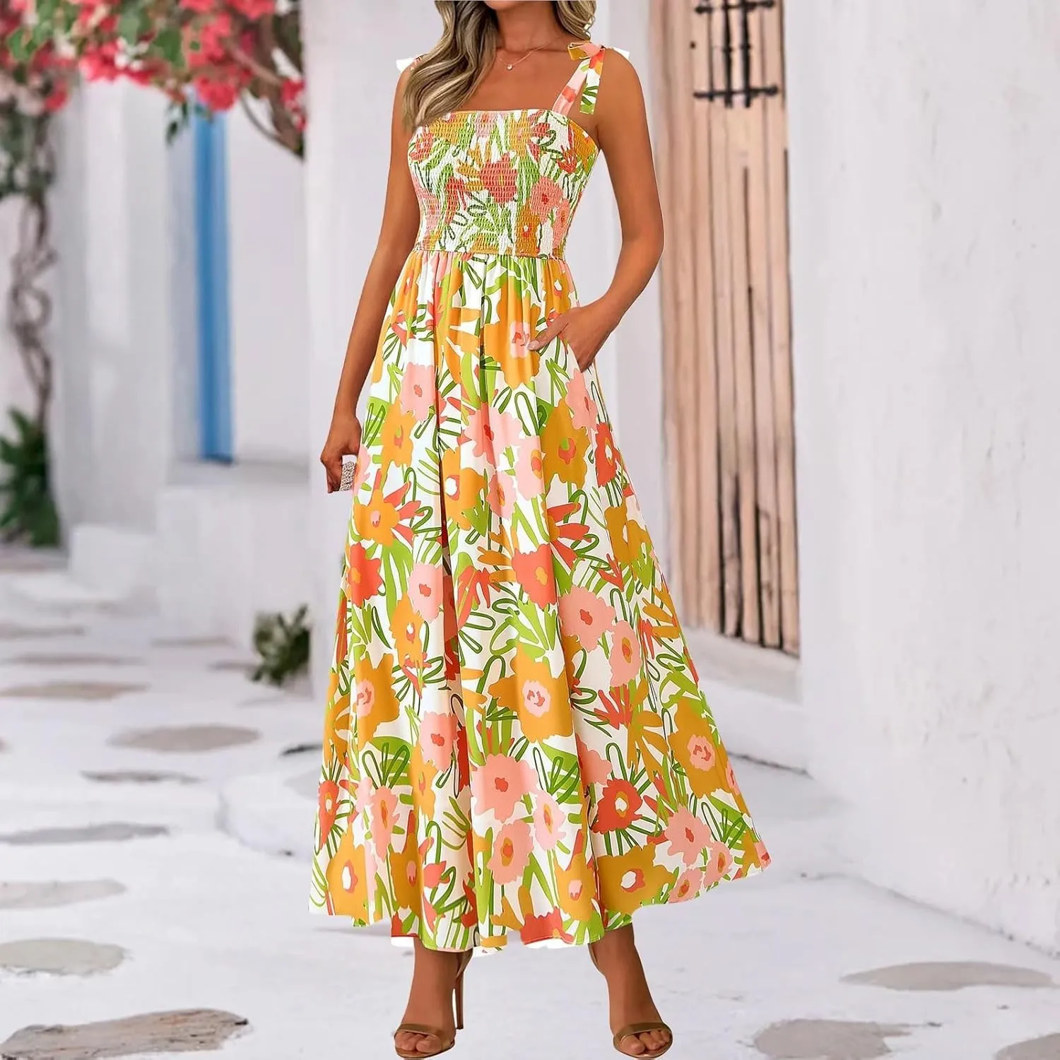 Floral Maxi Dresses for Women 2025 Casual Tie Shoulder Smocked Wrap Dress Flowy Square Neck Beach Vacation Sundresses