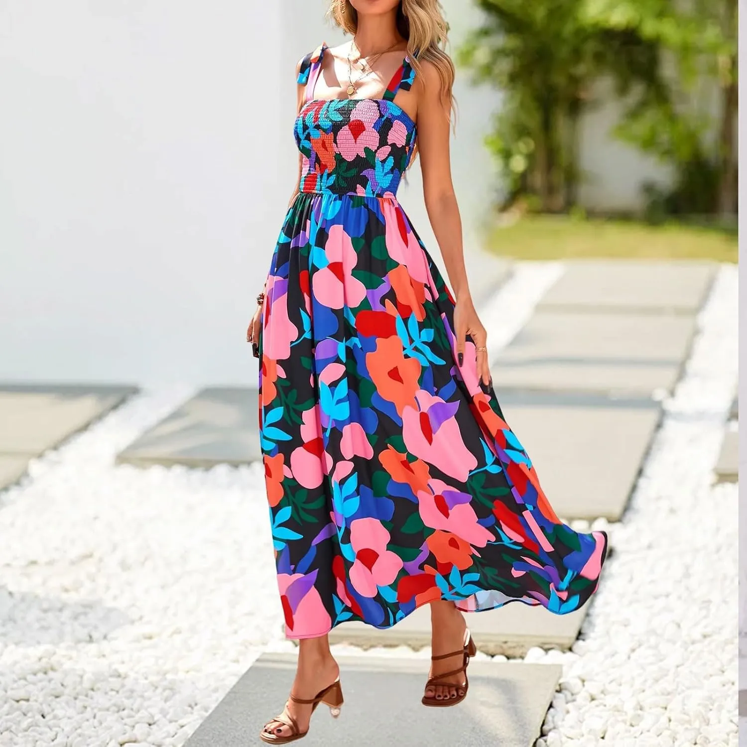 Floral Maxi Dresses for Women 2025 Casual Tie Shoulder Smocked Wrap Dress Flowy Square Neck Beach Vacation Sundresses
