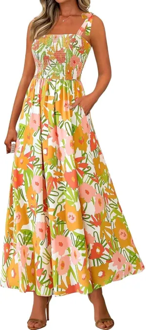 Floral Maxi Dresses for Women 2025 Casual Tie Shoulder Smocked Wrap Dress Flowy Square Neck Beach Vacation Sundresses