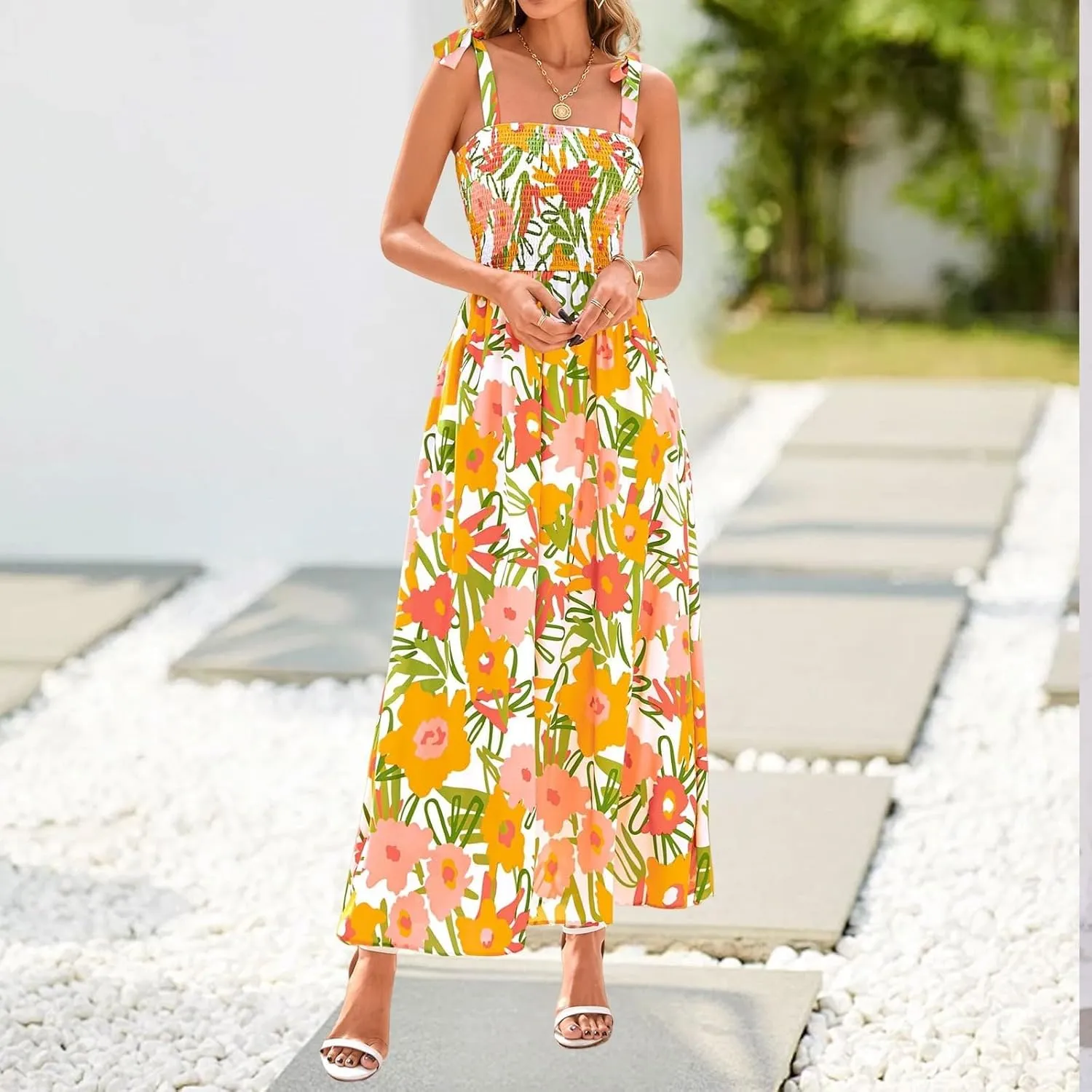 Floral Maxi Dresses for Women 2025 Casual Tie Shoulder Smocked Wrap Dress Flowy Square Neck Beach Vacation Sundresses