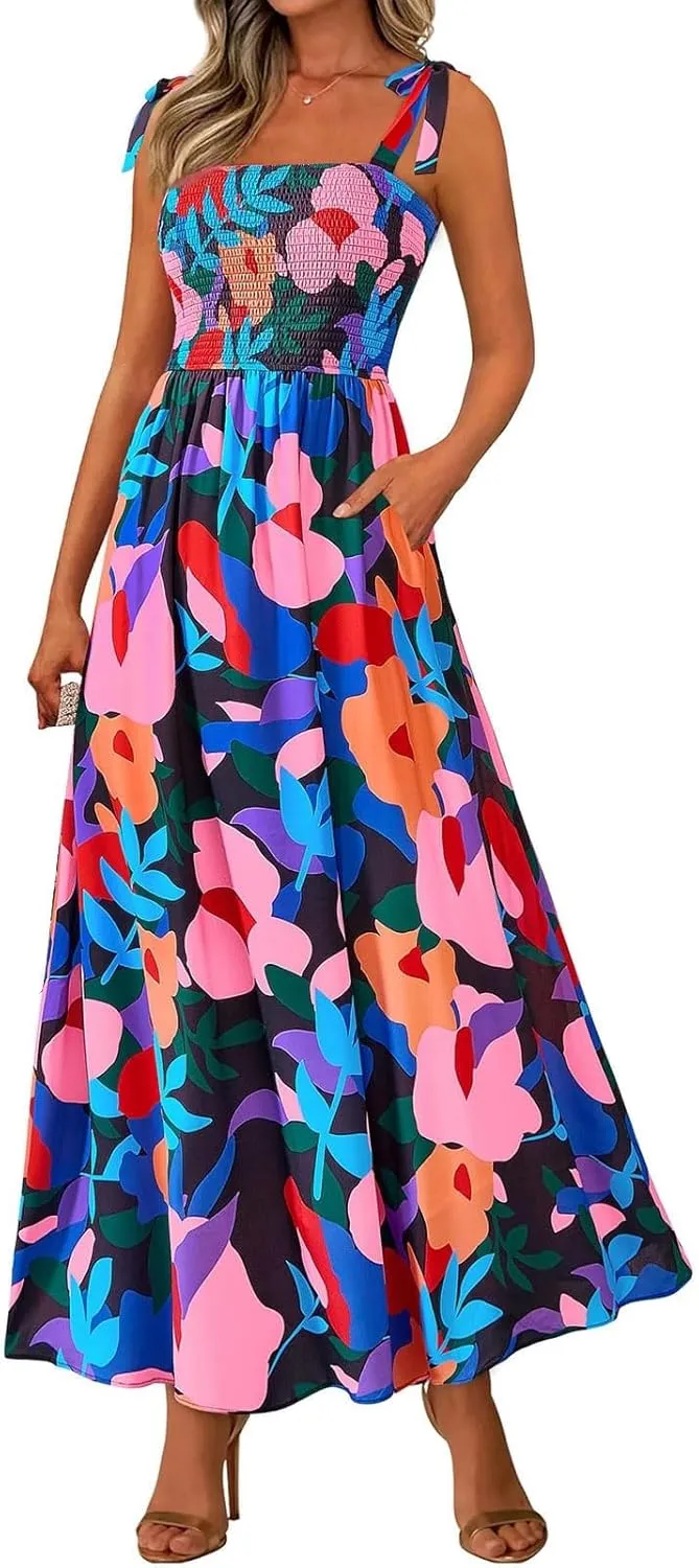 Floral Maxi Dresses for Women 2025 Casual Tie Shoulder Smocked Wrap Dress Flowy Square Neck Beach Vacation Sundresses