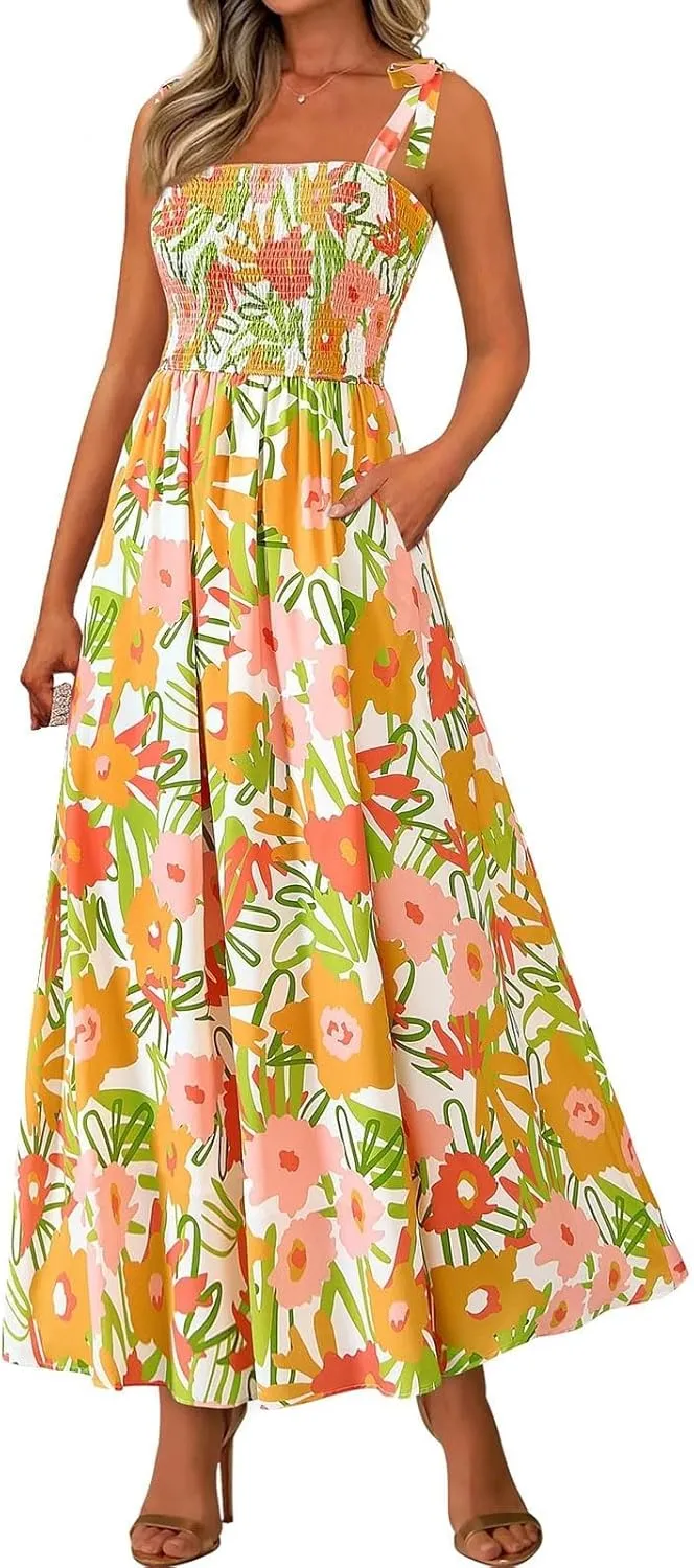 Floral Maxi Dresses for Women 2025 Casual Tie Shoulder Smocked Wrap Dress Flowy Square Neck Beach Vacation Sundresses