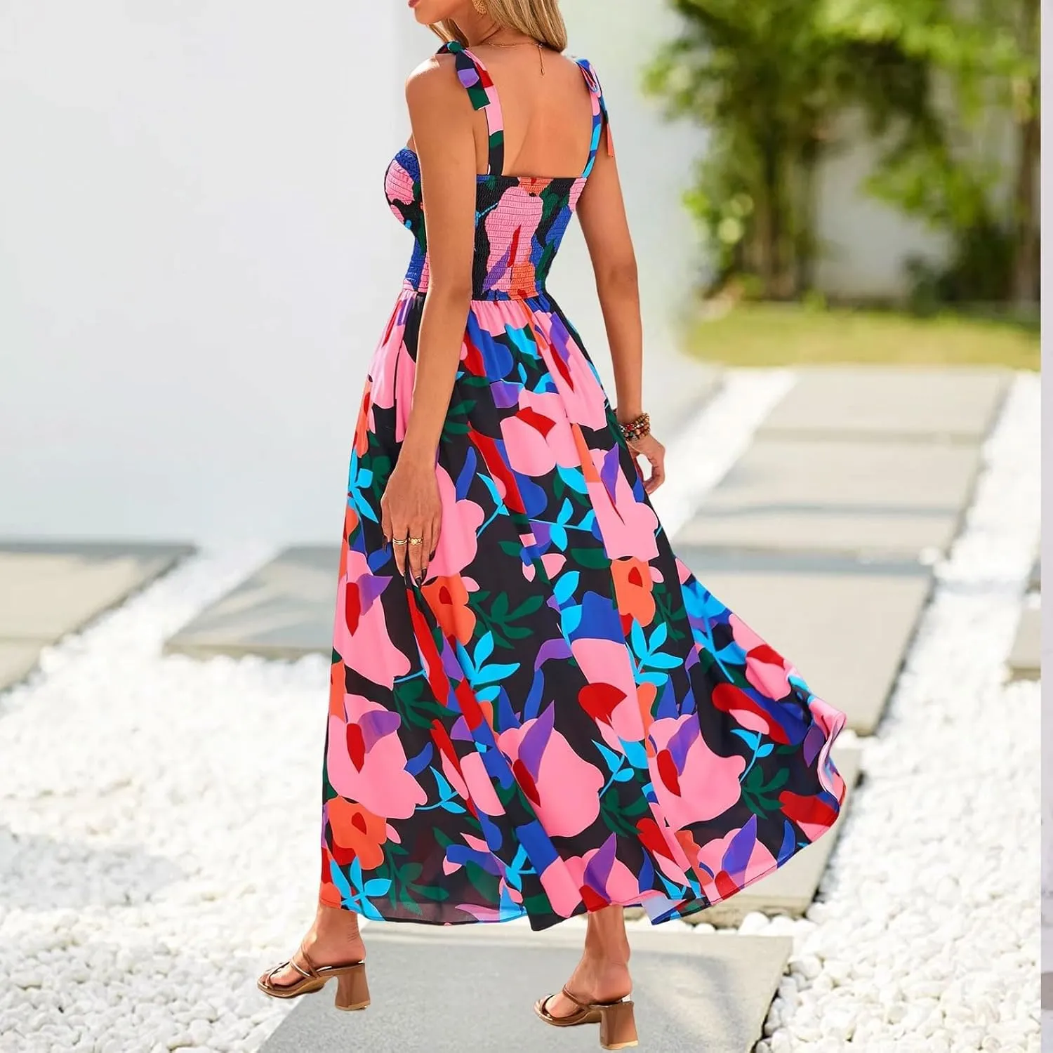 Floral Maxi Dresses for Women 2025 Casual Tie Shoulder Smocked Wrap Dress Flowy Square Neck Beach Vacation Sundresses