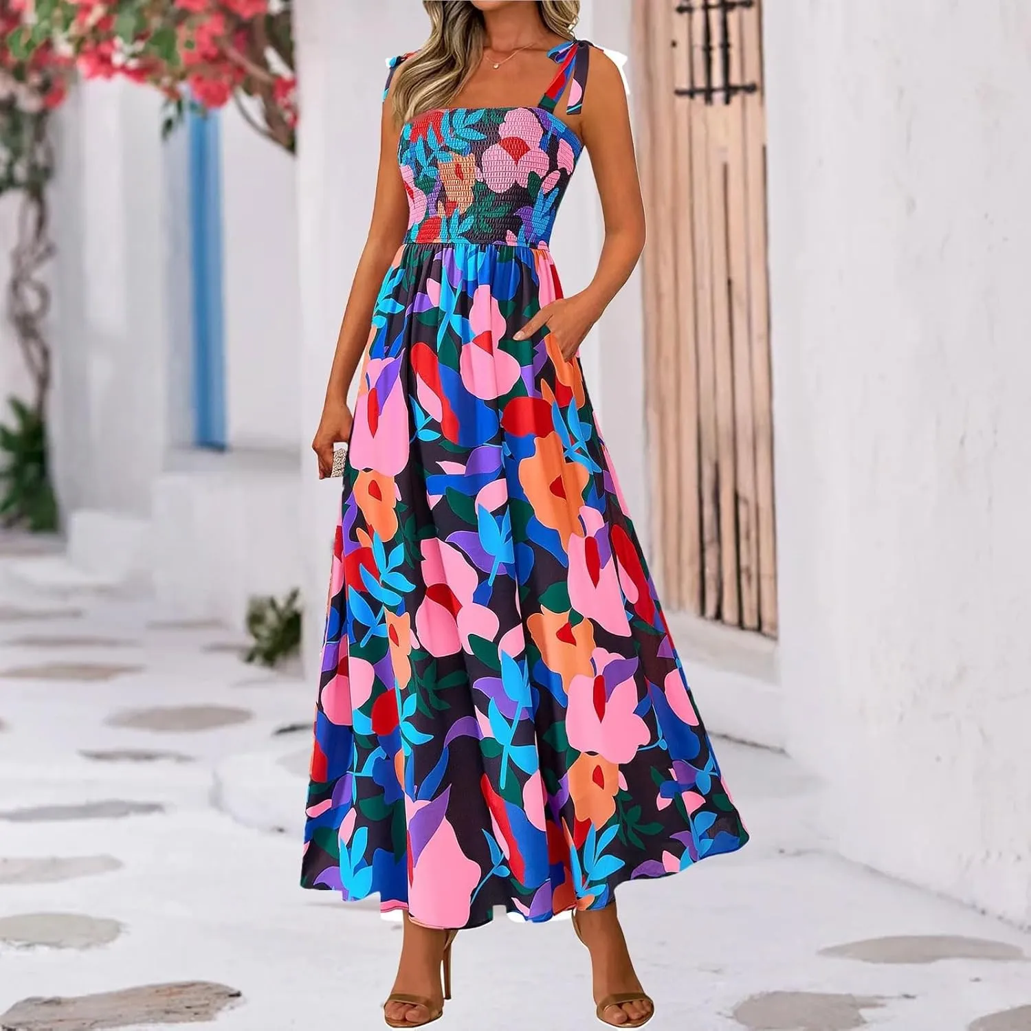 Floral Maxi Dresses for Women 2025 Casual Tie Shoulder Smocked Wrap Dress Flowy Square Neck Beach Vacation Sundresses