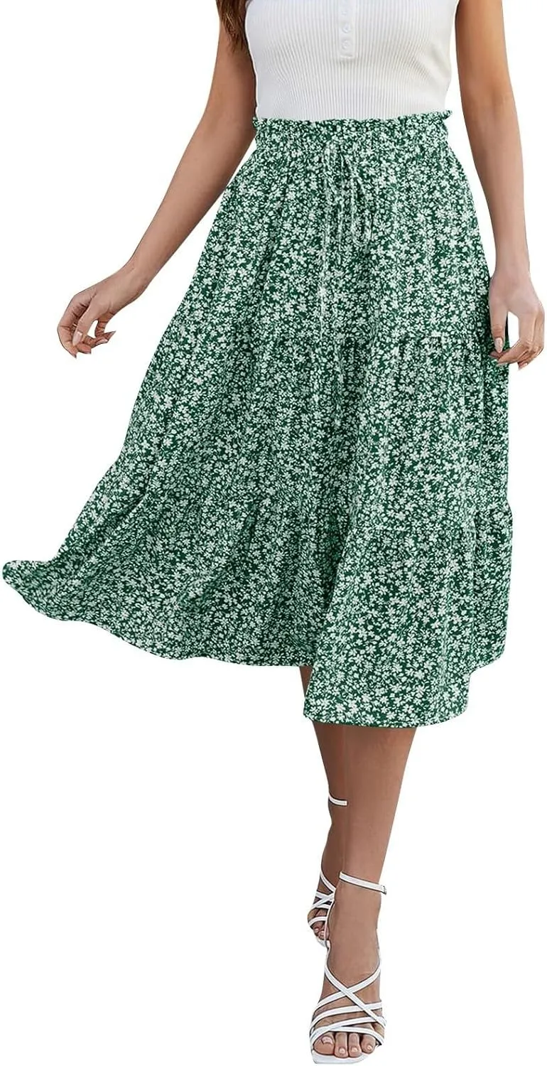Floral Maxi Skirt for Women Summer Comfy Pleated Elastic High Waisted Skirts Vacation A-Line Flowy Swing Long Skirts