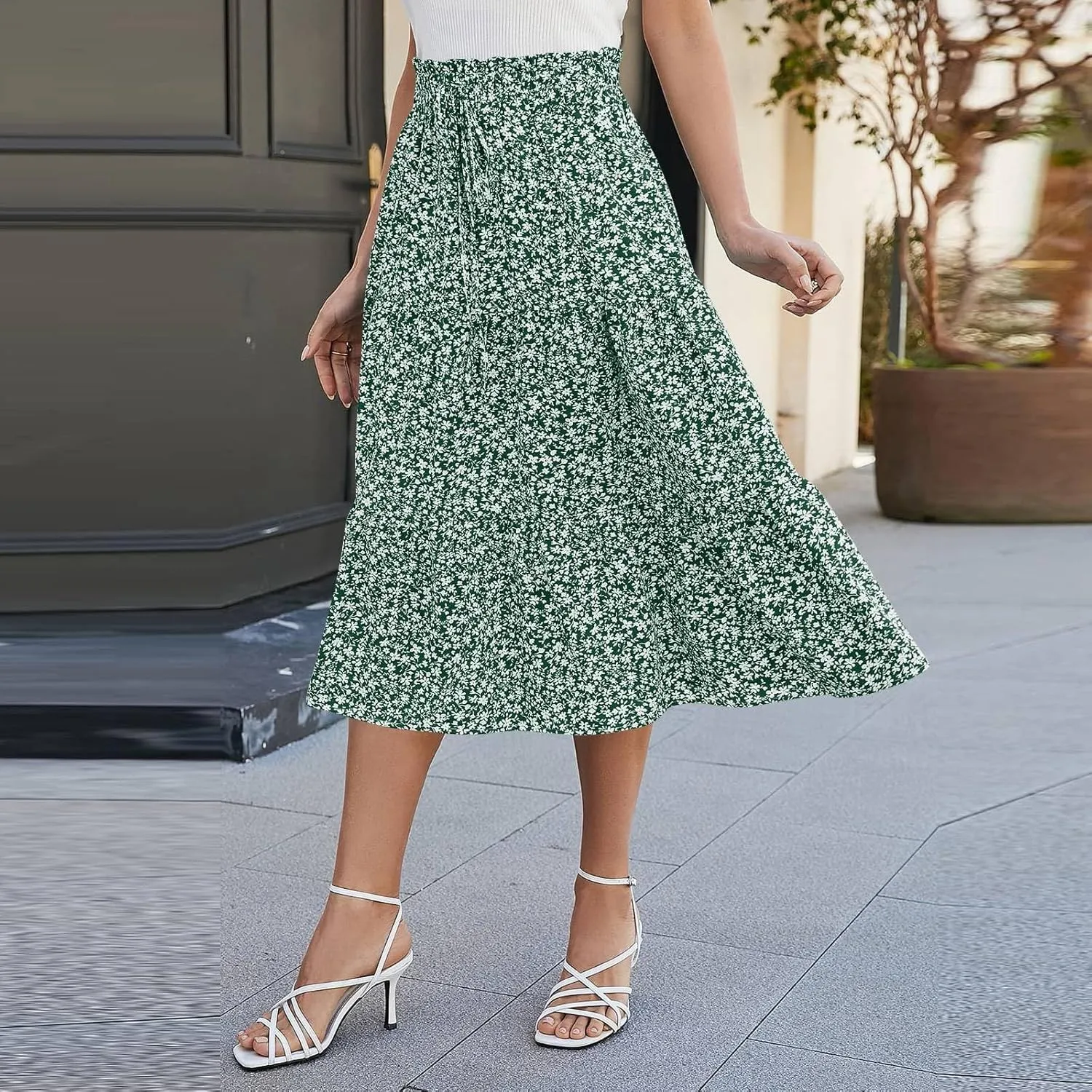 Floral Maxi Skirt for Women Summer Comfy Pleated Elastic High Waisted Skirts Vacation A-Line Flowy Swing Long Skirts