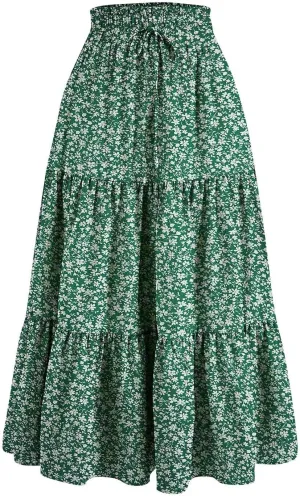 Floral Maxi Skirt for Women Summer Comfy Pleated Elastic High Waisted Skirts Vacation A-Line Flowy Swing Long Skirts